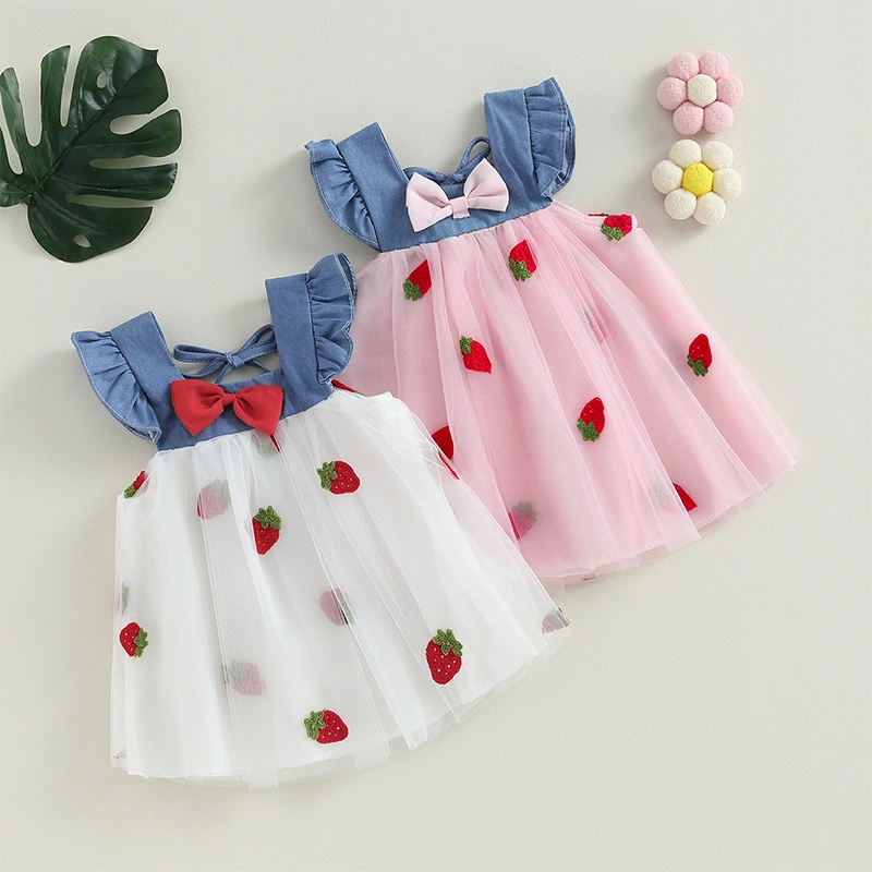 Baby Girls Summer Dress, Fly Sleeve Square Neck Strawberry Embroidery Tulle Dress Infant Outfit