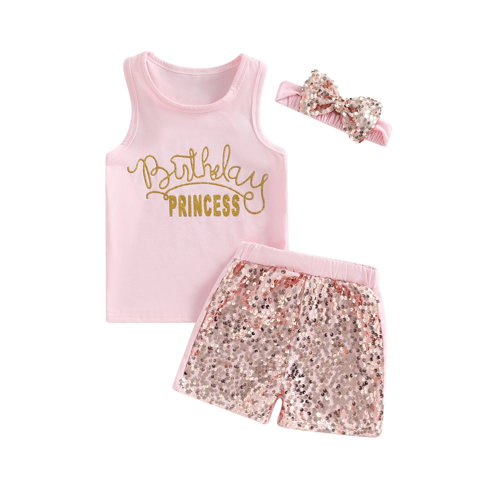 Baby Girl 3Pcs Birthday Outfits, Sleeveless Tank Tops + Sequin Shorts + Headband Set Kid Clothes