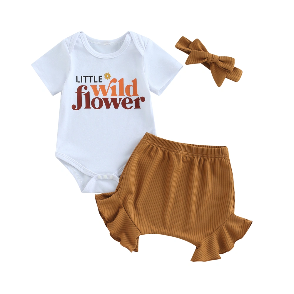 Baby Girls Shorts Set, Short Sleeve Letters Print Romper Elastic Waist Shorts with Hairband