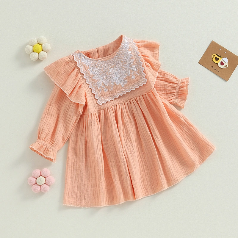 Toddler Girl Dress, Long Sleeve Dress Crew Neck Embroidery Flower A-line Dress for Casual Daily