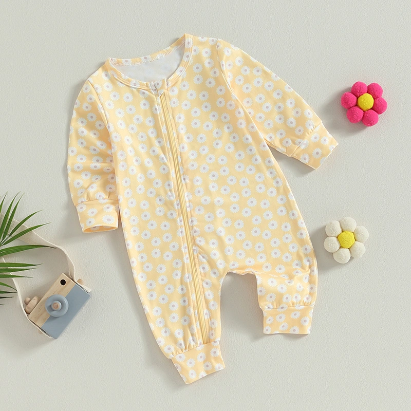 Infant Baby Spring Jumpsuit, Dainty Daisy Print Long Sleeve Round Neck Zipper Full Length Romper