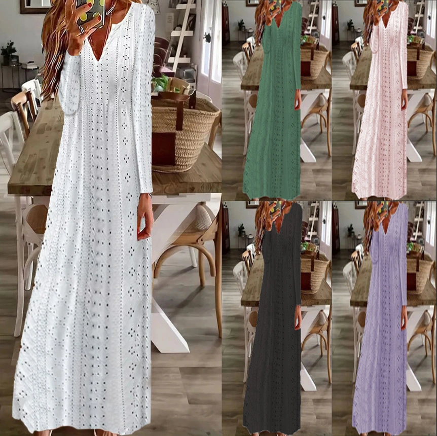 Women's Hollow Jacquard V-neck Long Sleeve Loose Solid Color Dress