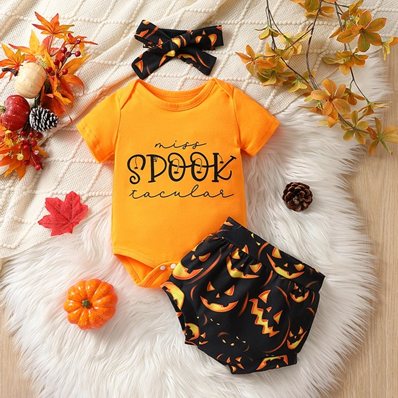 Infant Baby Halloween Jumpsuit Outfits Short Sleeve Letter Print Romper + Pumpkin Shorts Bow Headband Toddler Clothes