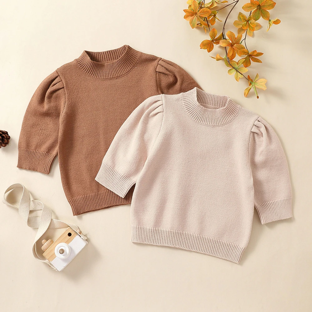 Kids Girls Knit Sweaters Cute Long Puff Sleeve Round Neck Loose Pullover Tops Toddler Knitwear