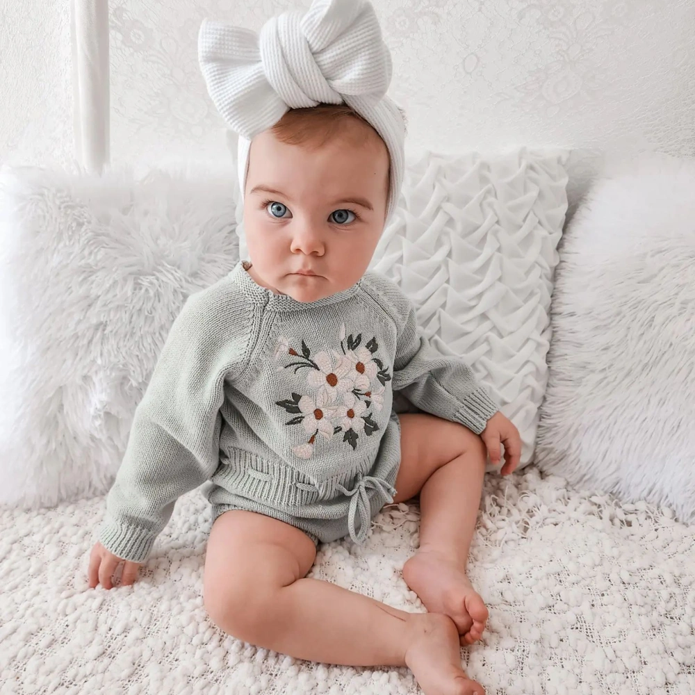 Baby Girls Casual Sweater Romper Long Sleeve Floral Embroidery Drawstring Princess Clothes