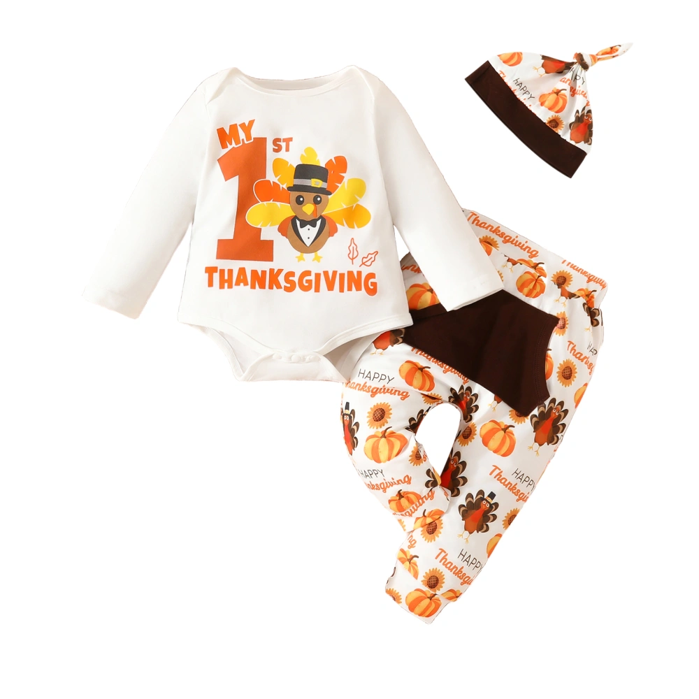 Baby Boy 3 Piece Outfit Thanksgiving Turkey Print Long Sleeve Rompers and Elastic Pants Cute Hat Fall Clothes