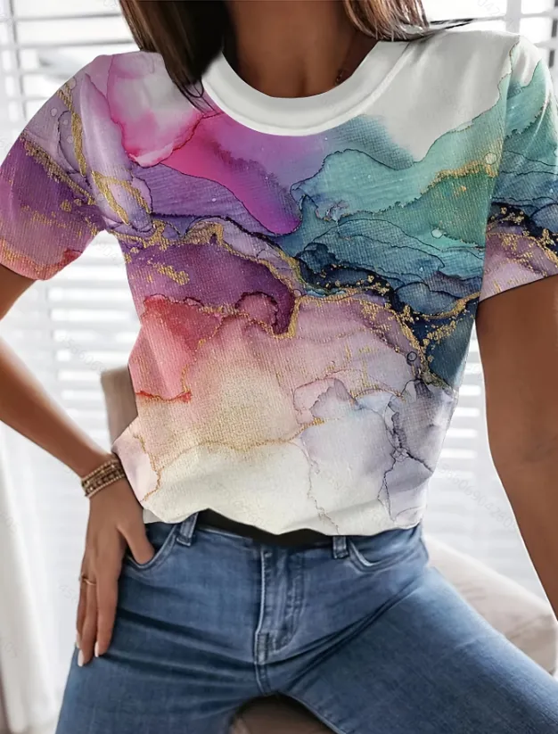 Women's Printed Round Neck T-Shirts Tee Ladies Summer Casual Holiday Tops Blouse