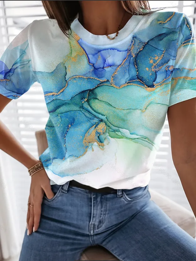 Women's Printed Round Neck T-Shirts Tee Ladies Summer Casual Holiday Tops Blouse