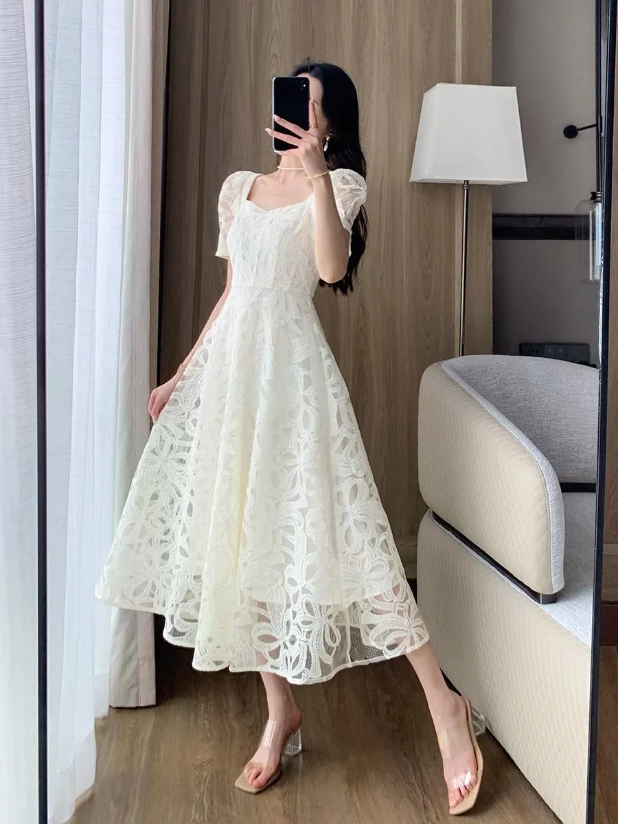 Lace Commute Style French Tea Break Slimming Gentle New Square Collar Long Dress