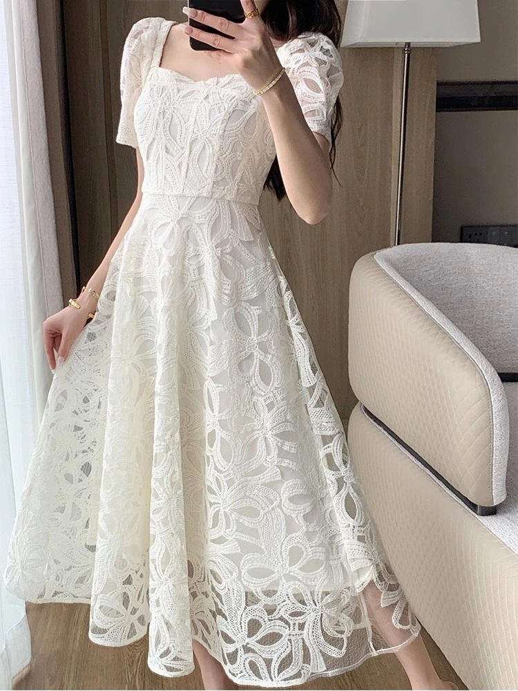 Lace Commute Style French Tea Break Slimming Gentle New Square Collar Long Dress