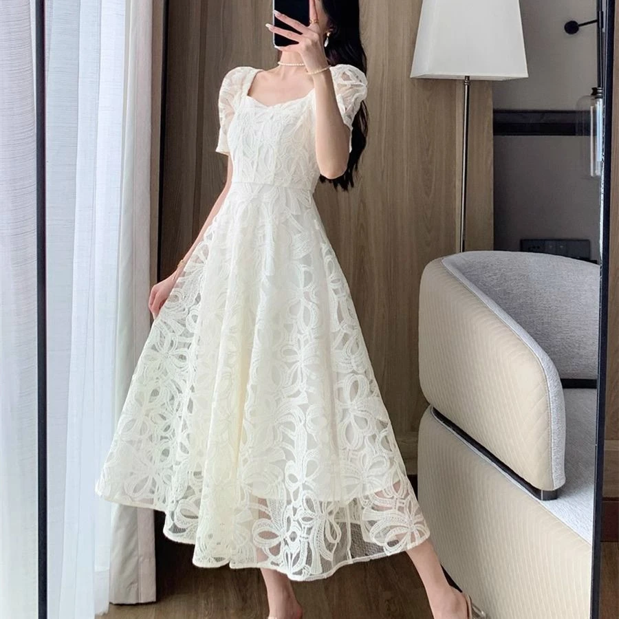Lace Commute Style French Tea Break Slimming Gentle New Square Collar Long Dress