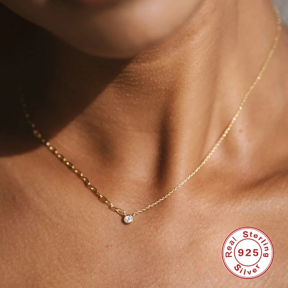 S925 Sterling Silver Single Round Zircon Asymmetric Necklace