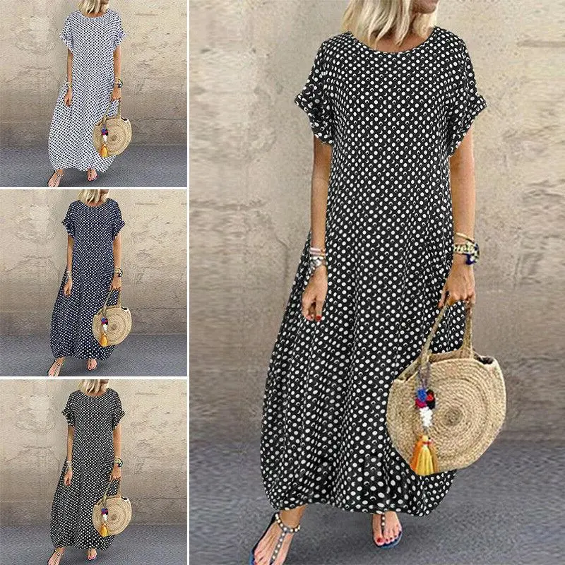 Ladies Summer Short Sleeve Polka Dot Long Dress Casual Loose Kaftan Maxi Dresses