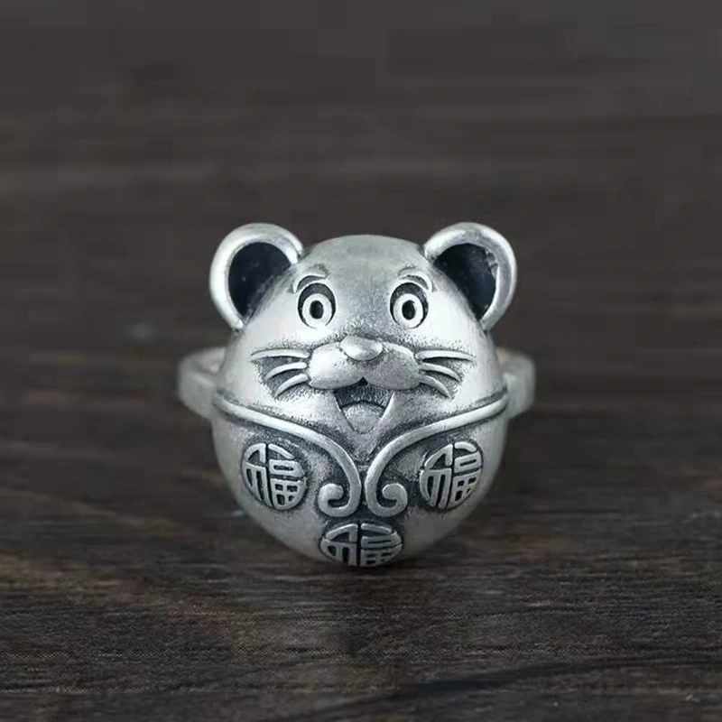 Women's S925 Silver Plated Smiling Face Mouse Retro Distressed Ring