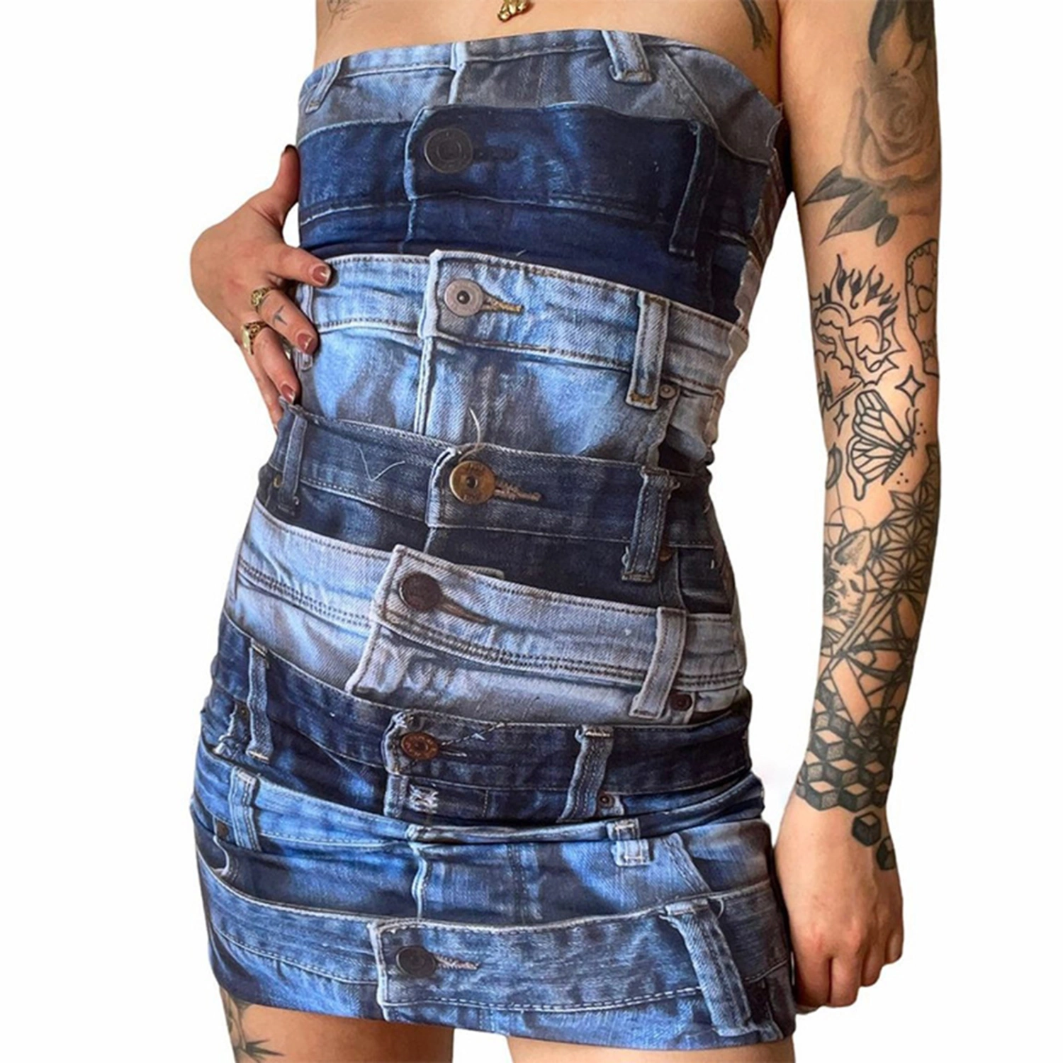 Women Denim Bodycon Dress, Strapless Backless Patchwork Slim Fit Mini Dress for Club Party