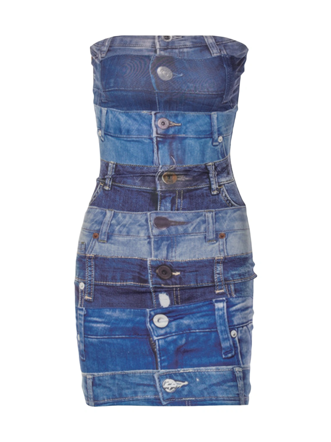 Women Denim Bodycon Dress, Strapless Backless Patchwork Slim Fit Mini Dress for Club Party