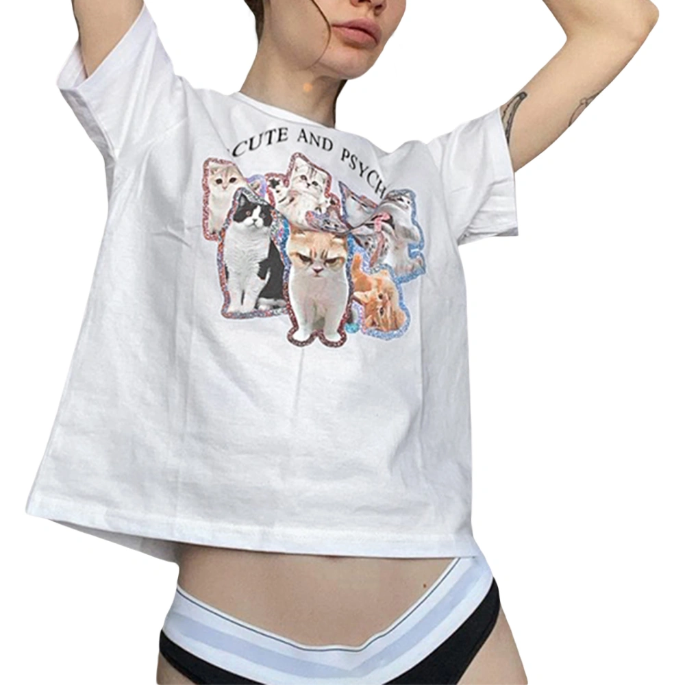 Women's Summer Casual Crop Tops White Short Sleeve O Neck Letter Cat Print T-shirt