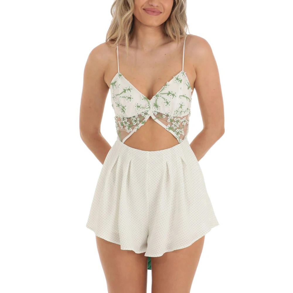 Women Flower Embroidery Summer Playsuits V-Neck Short Jumpsuits