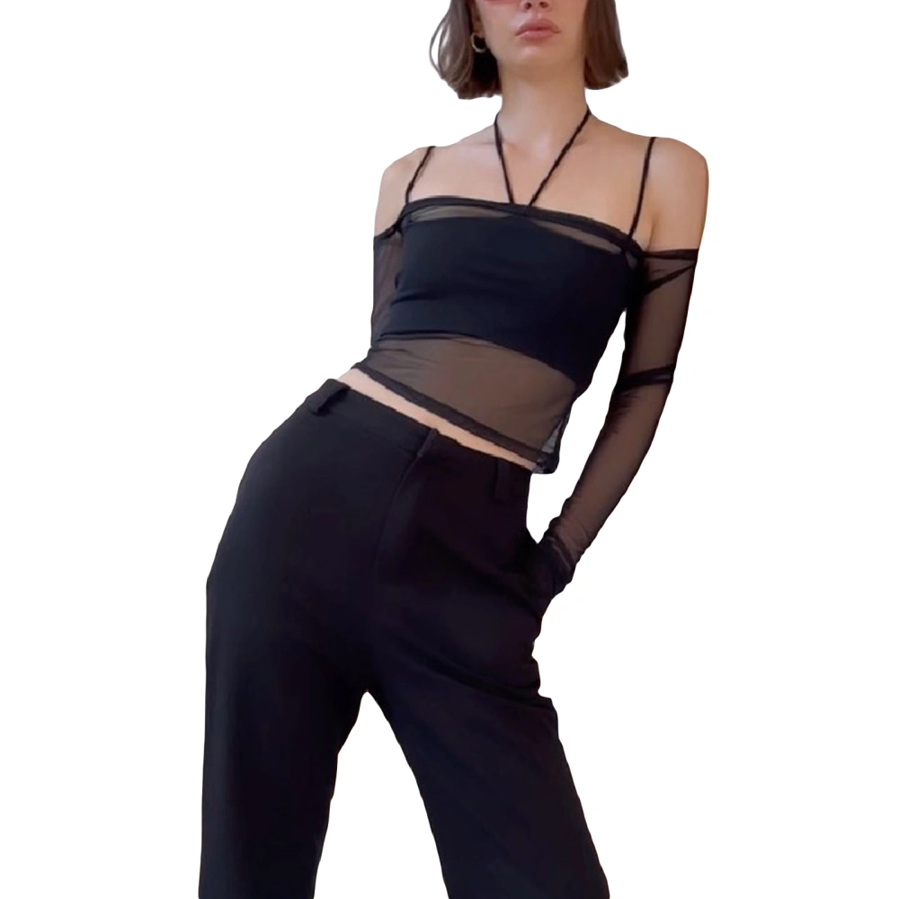 Women Crop Vest Suit, Hanging Neck Sleeveless Vest + See Through Long-Sleeved Short Smock