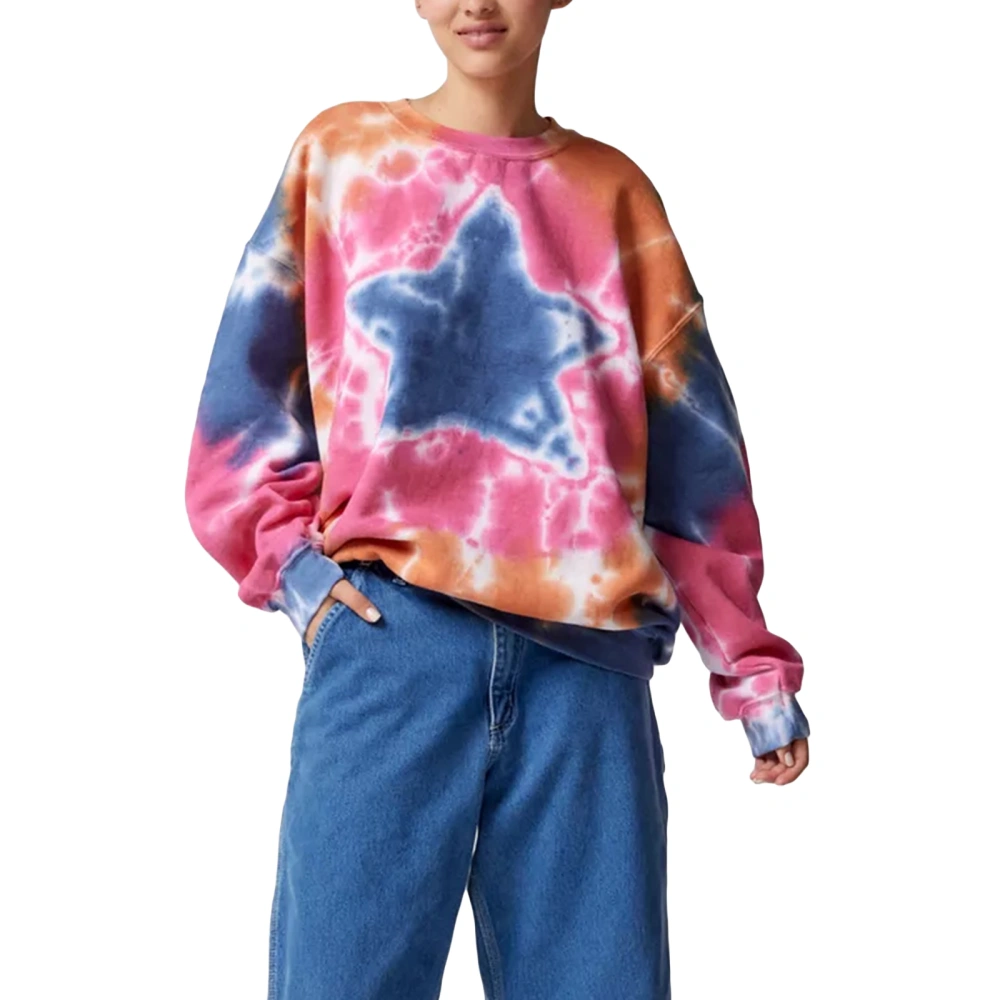 Women's Oversized Sweatshirts Tie-Dye Stars Print Long Sleeve Crew Neck Pullovers Fall Winter Casual Tops