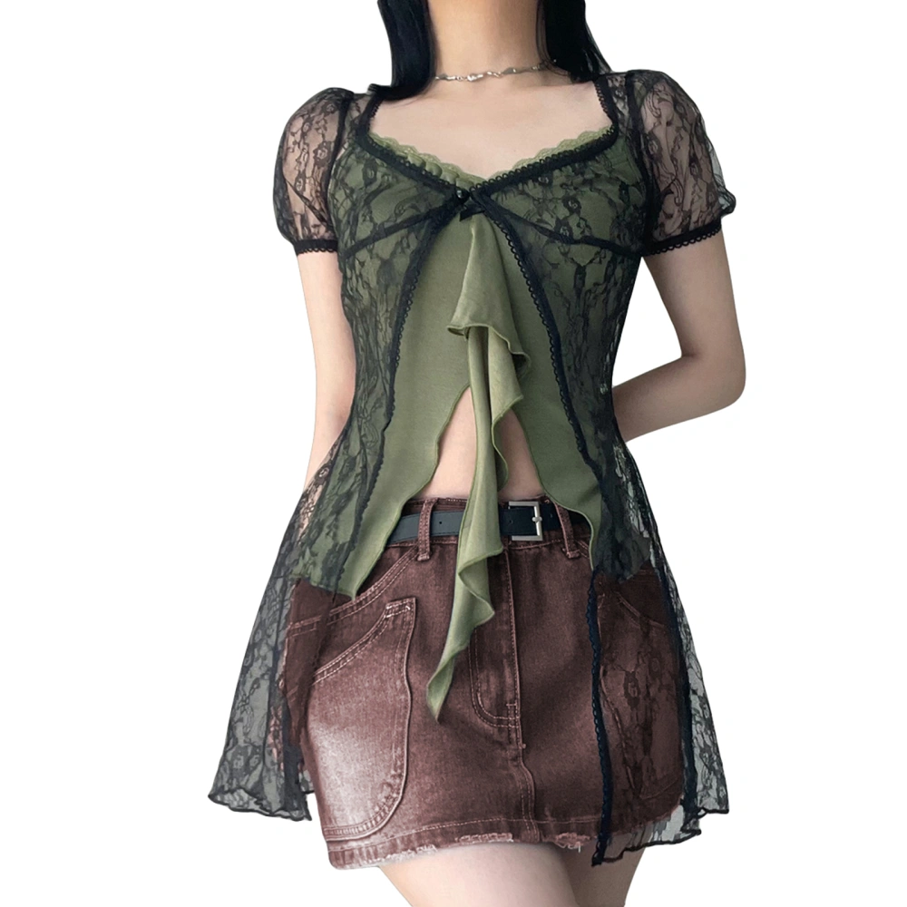 Women's Lace Tops Vintage Short Sleeve Sweetheart Neck Slim Fit T-Shirts + Lace Trim Camisole Set