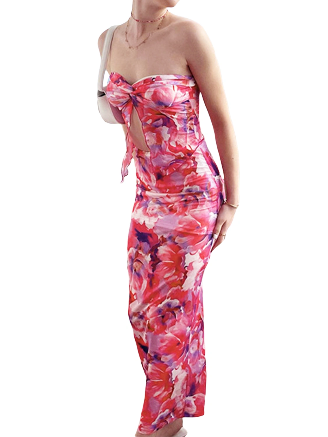 Women’s Two Piece Summer Outfits Strapless Twist Knot Front Floral Tube Tops and Long Skirt Set Party Clothes