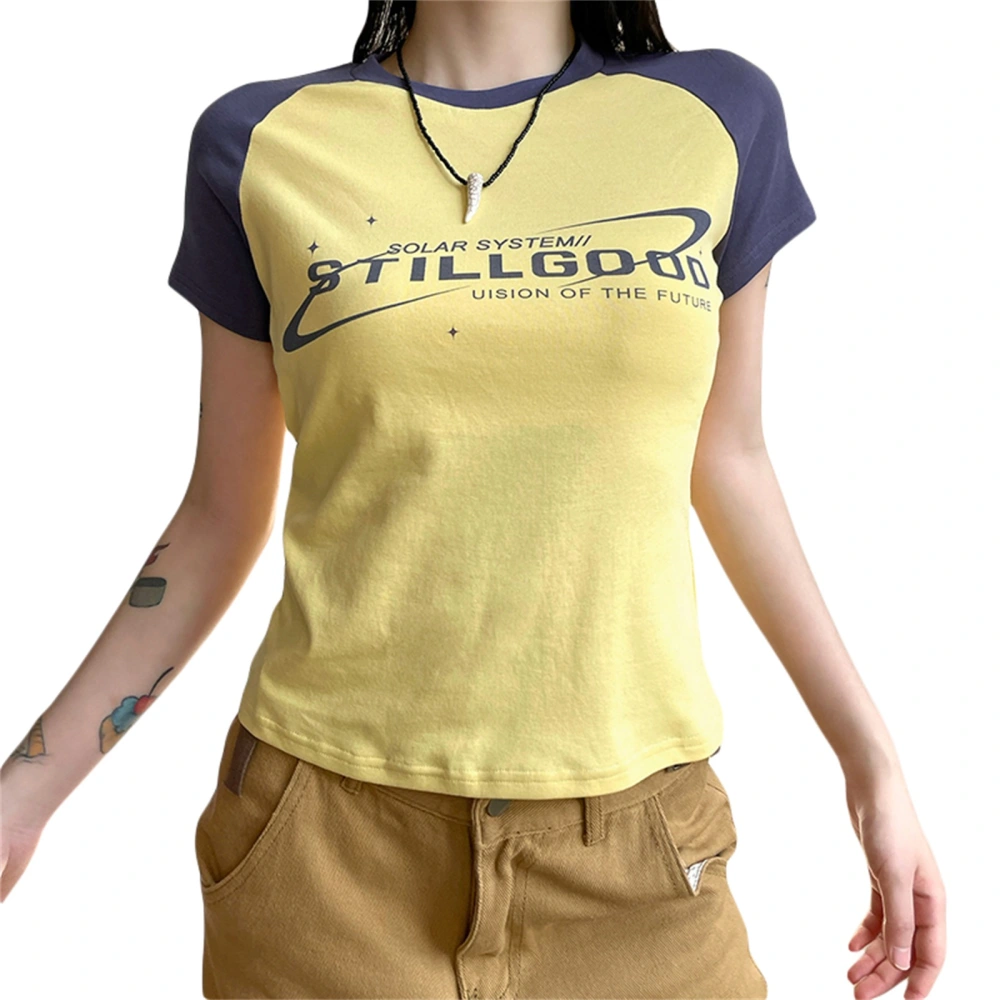 Women T-shirt, Short Sleeve Letters Print Contrast Color Summer Tops