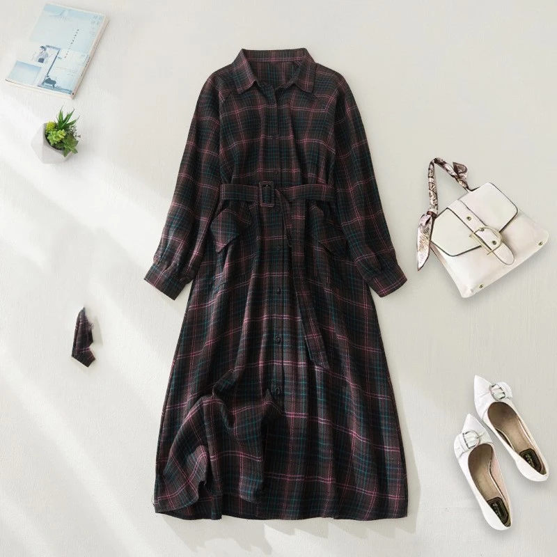 British Style Plaid Lace-up Waist Slimming Shirt Coat Retro Dress For Women