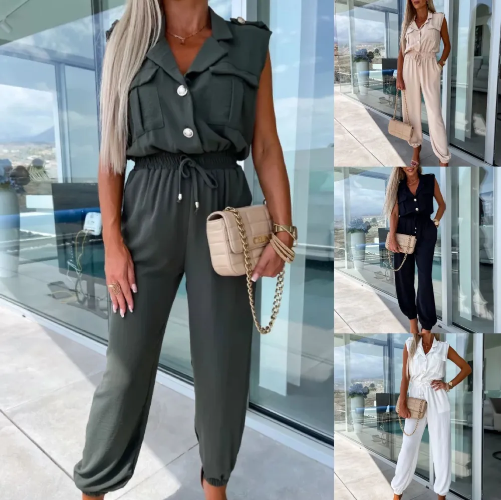 Sleeveless With Cover Patch Pocket Shoulder Button Suit Collar Elastic Waist Casual Jumpsuit Women