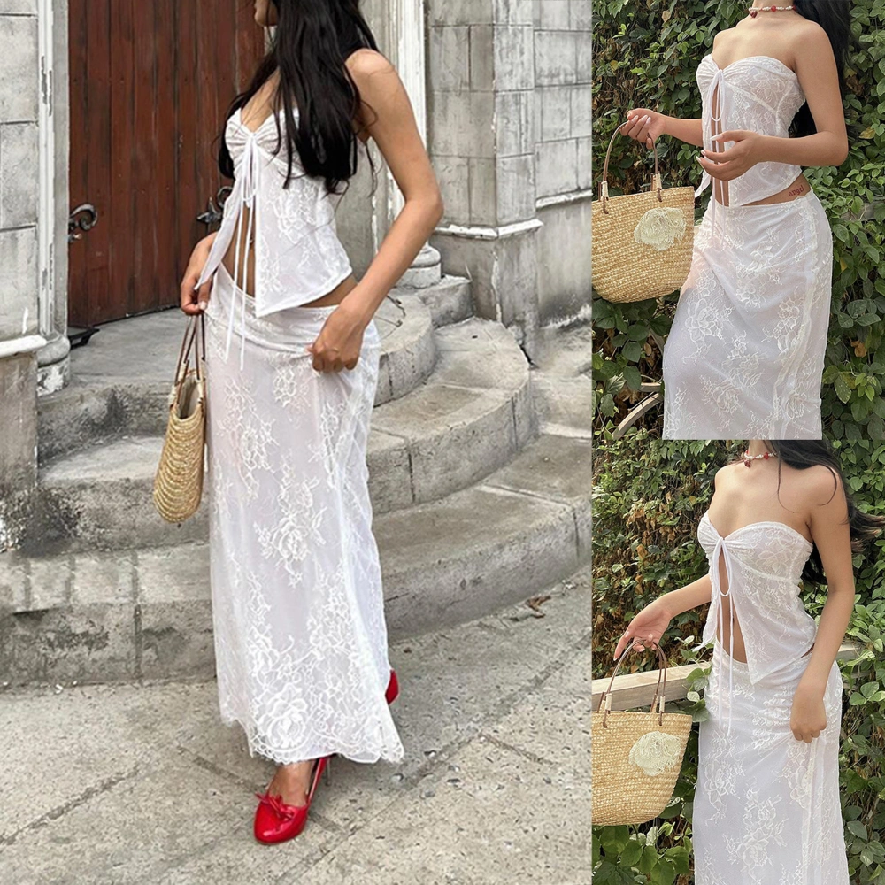 Women&acute;s Lace Floral Tube Tops, Solid Color Front Slit Tie-Up Strapless Backless Slim Display Navel Cropped Tank Tops Vest