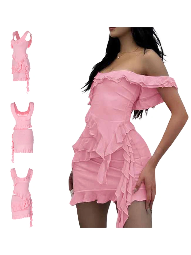 Women´s Summer 2Pcs Outfits Solid Color Irregular Ruffled Tube Tops + High Waist Bodycon Mini Skirt Set Party Clothes