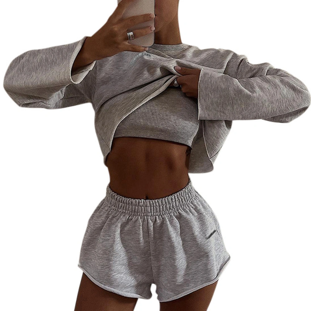 Women Fall Shorts Outfits Letter Print Crew Neck Long Sleeve Cropped Sweatshirts Camisoles Shorts 3 Pieces Clothes Set