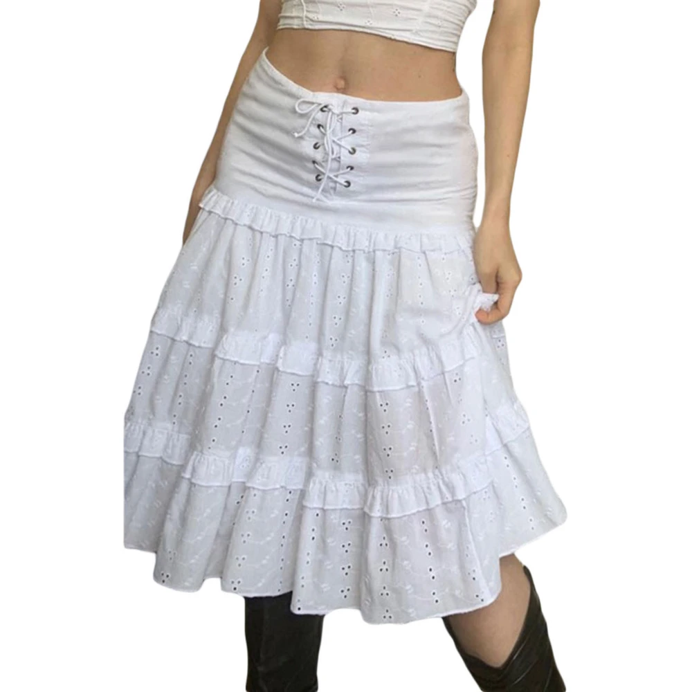 Women Summer A-Line Skirt Cutout Eyelet Ruffle Casual Elastic Drawstring Skirt for Beaches Club Streetwear