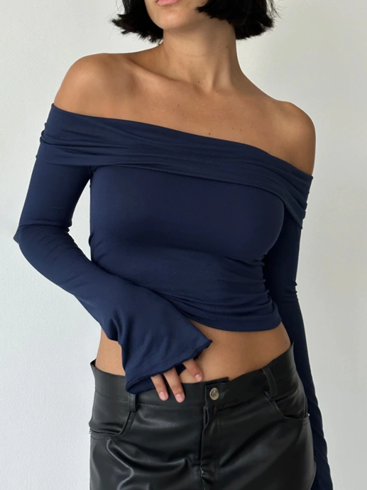 Women’s Off Shoulder Crop Tops Fashion Long Sleeve Solid Color Slim Fit Blouse T-Shirts Streetwear