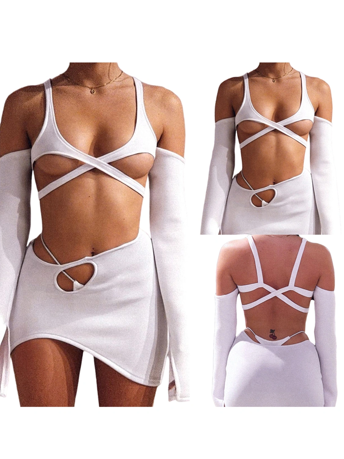 Women's Solid Color Clothes Set, Crop Tops + Elastic Waist Skirt