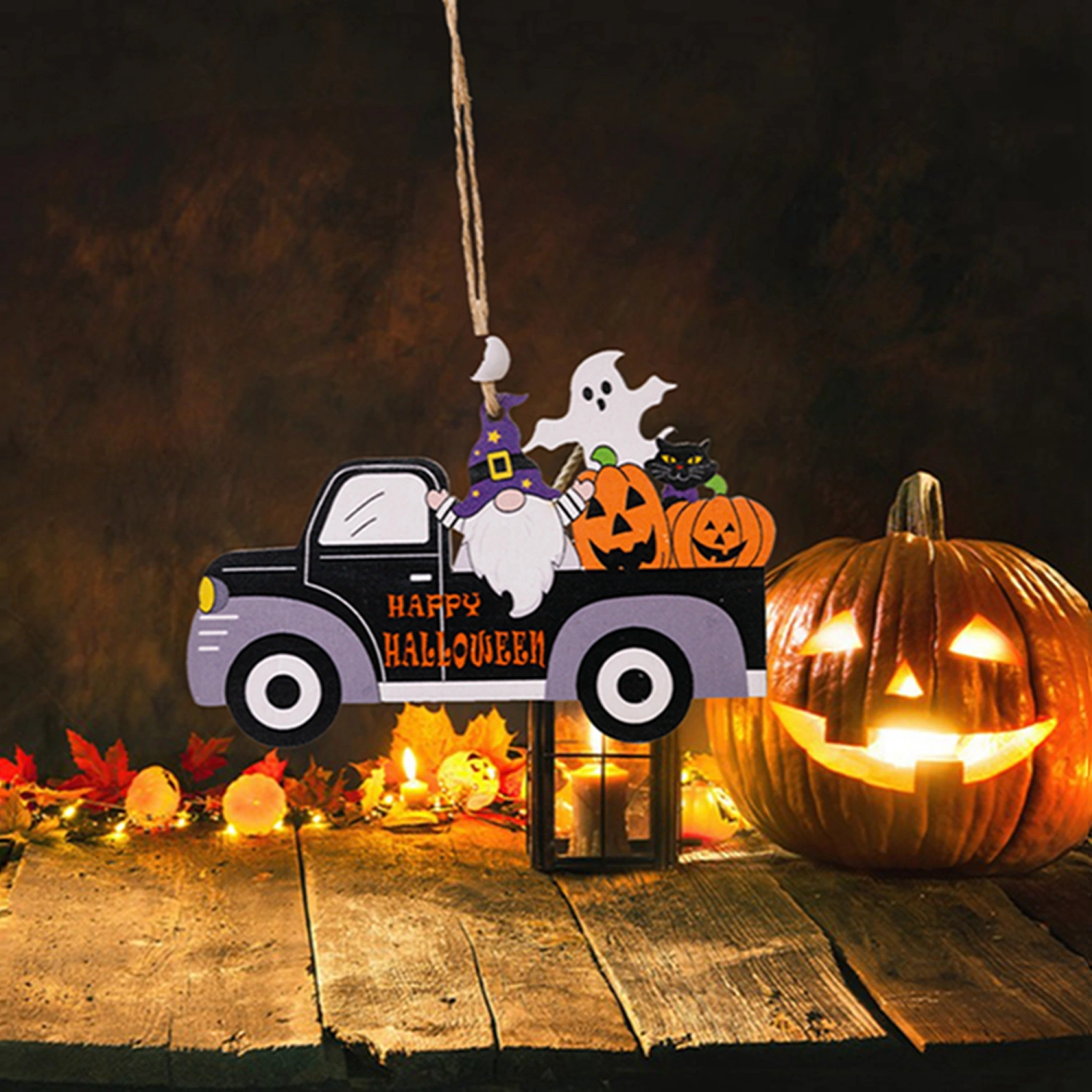 Halloween Tree Decorations Hanging Wooden Pumpkins Gnomes Ghosts Car for Door Window Wall Indoor Outdoor Party Supplies