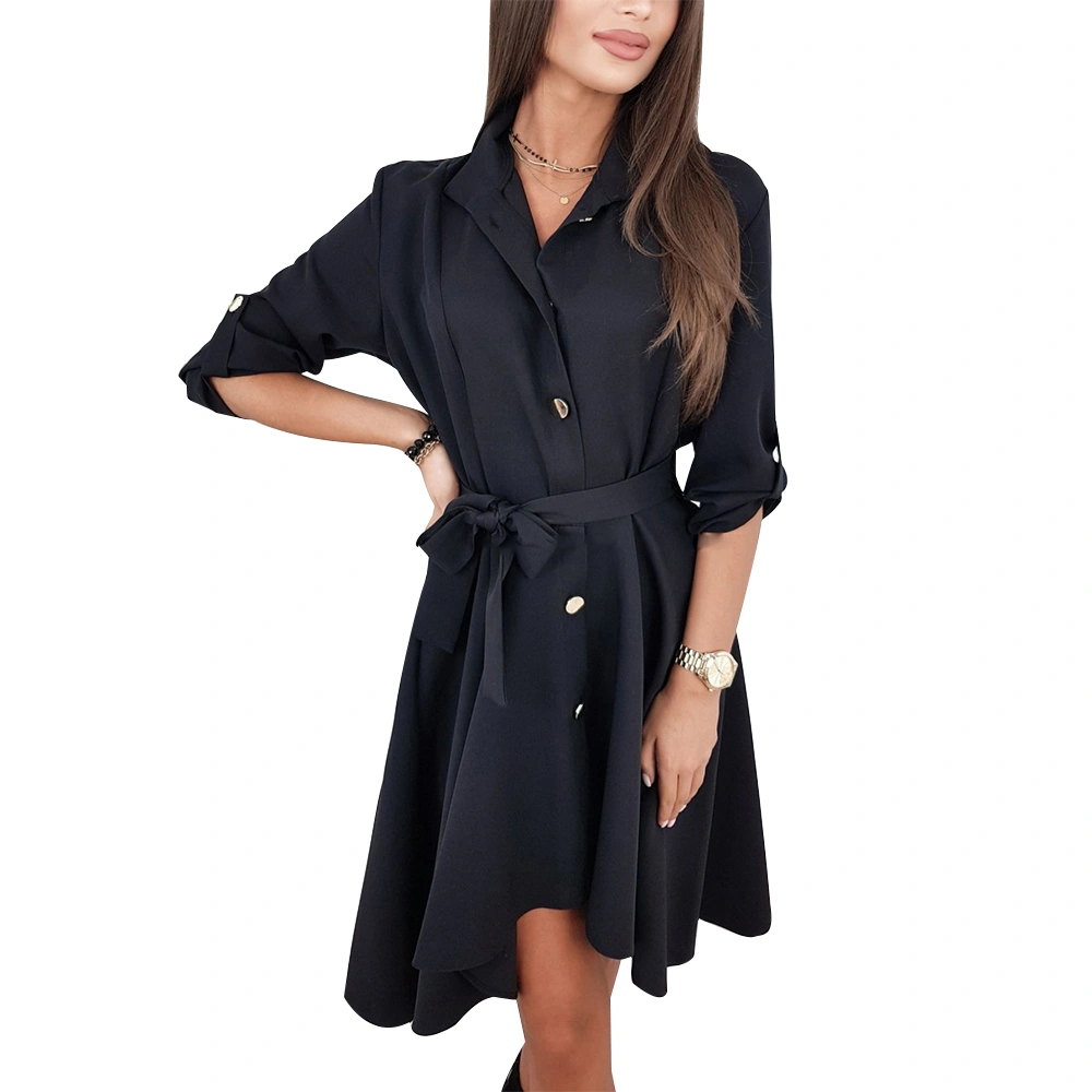 Women Button Casual Turn Down Collar Shirt Dress Solid Long Sleeve Short Dress