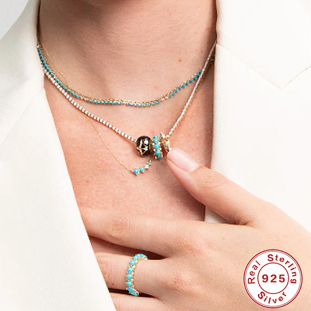 S925 Sterling Silver Turquoise Four-claw Diamond-embedded Curve Minimalist Wear Clavicle Chain