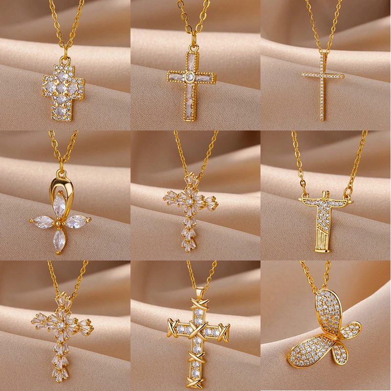 Simple Retro Micro Inlaid Zircon Cross Pendant Necklace