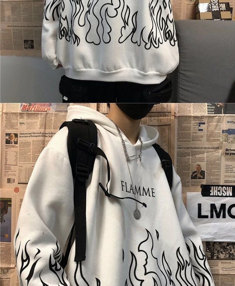 Fashion Unisex Flame Print Pullover Hoodie Oversized Harajuku Style Hoodie Streetwear Plus Size Winter Sweatshirt Hooded Top Size S-3XL