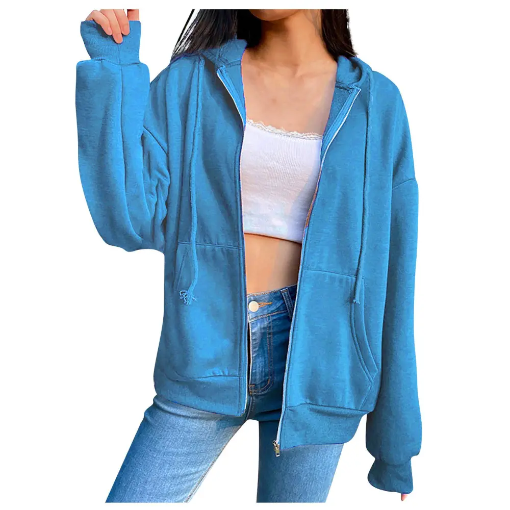 (SU)Women's Casual Solid Color Pocket Sweater Hooded Jacket