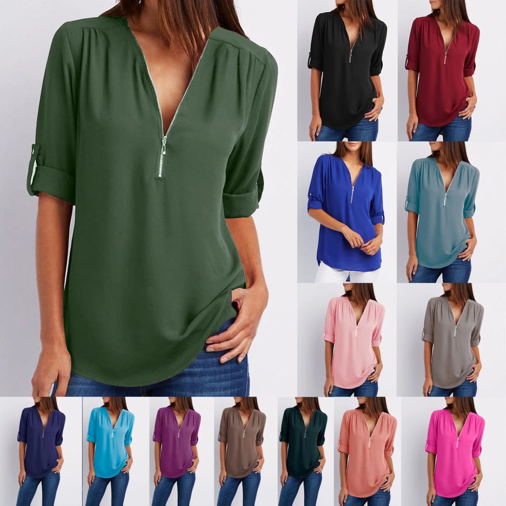 Plus Size Women's Fashion Chiffon Shirt V-neck Long Sleeve Loose Tops Zipper T-Shirt(S-5XL)