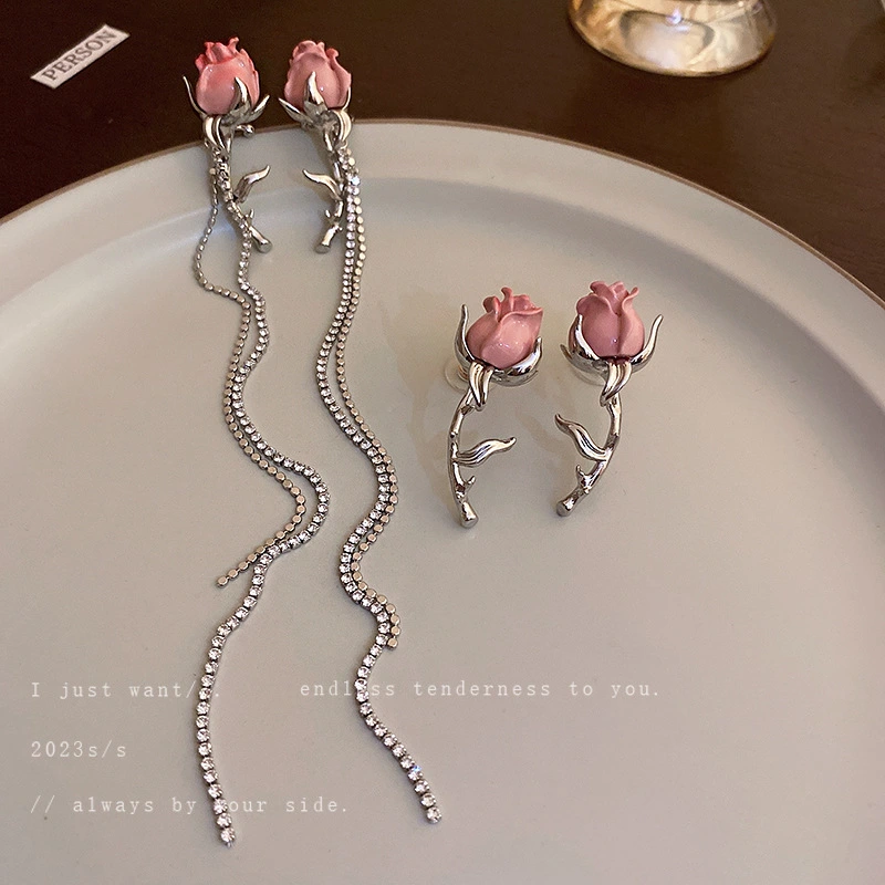 Silver Needle Roses Flower Earrings Rhinestone Tassel Ear Clip