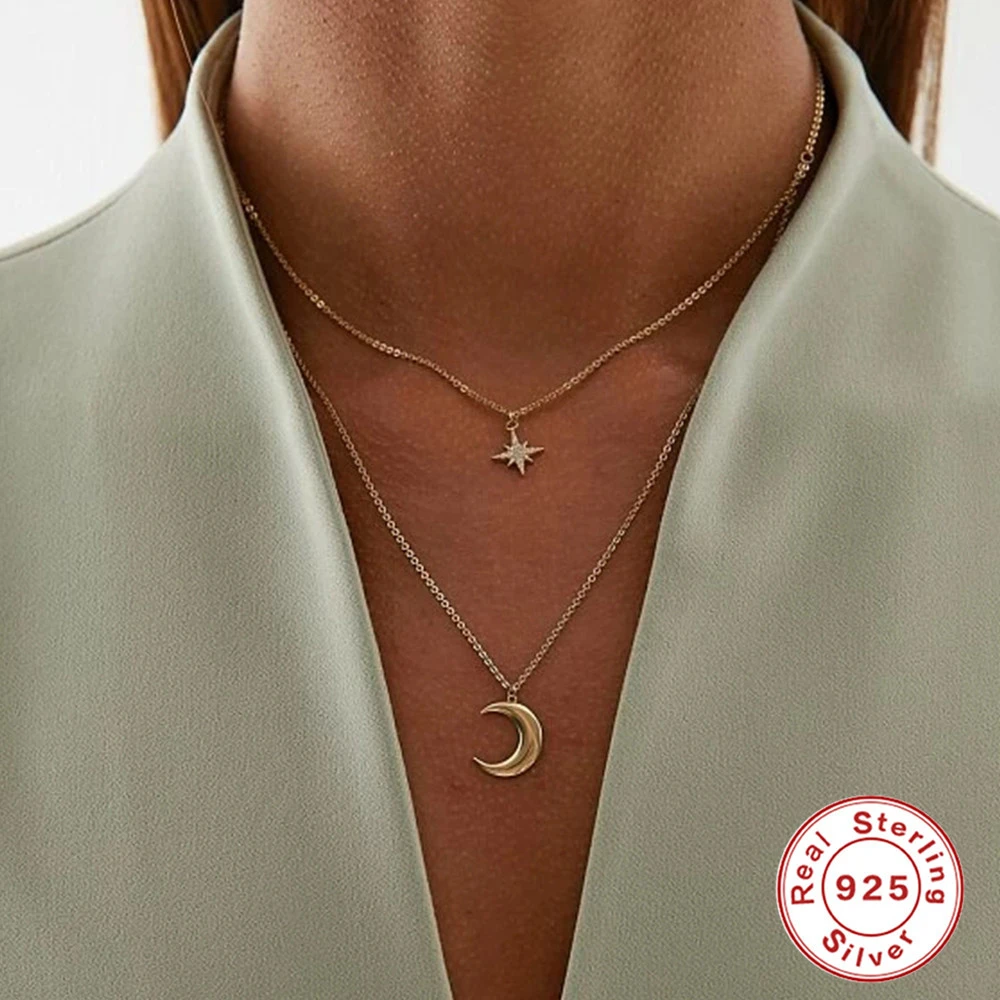 S925 Sterling Silver Ins Style Double Layer Twin Octagonal Star Diamond Moon Clavicle Necklace