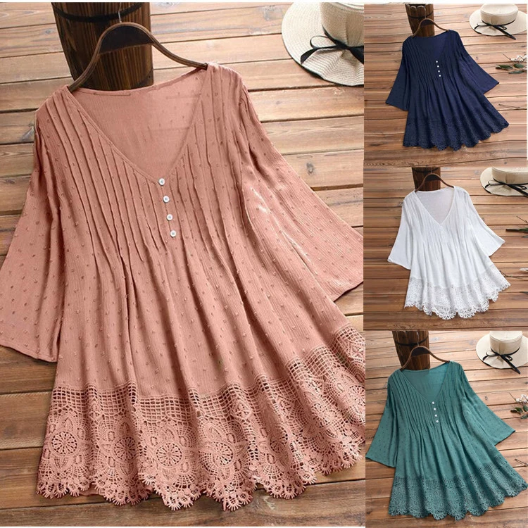 Women Fashion V Neck Lace Top Shirt Women Blouse