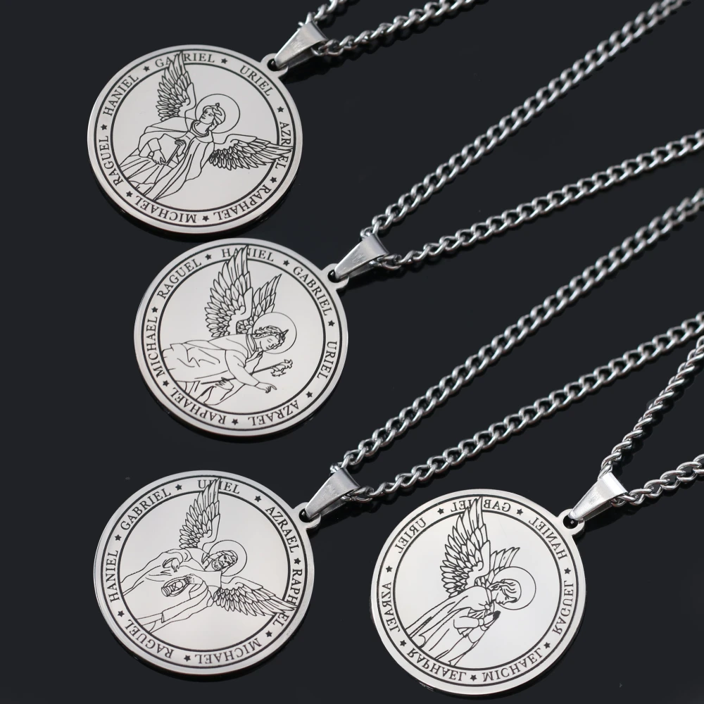 Titanium Steel Men's Round Brand Angel Wings Medal Necklace