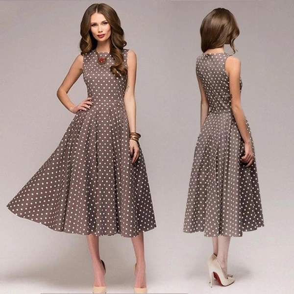 Vintage Polka Dot Swing Party Dresses Women Sleeveless O-neck Elegant Dress Casual Boho Midi Dress