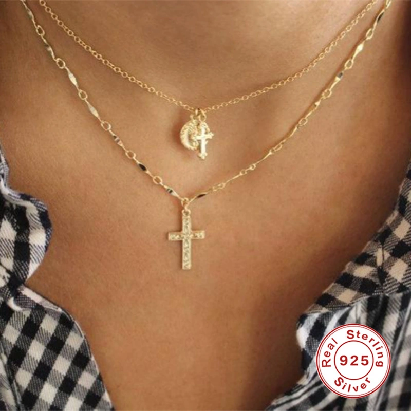 S925 Sterling Silver Virgin Mary Medal Cross Pendant Clavicle Necklace