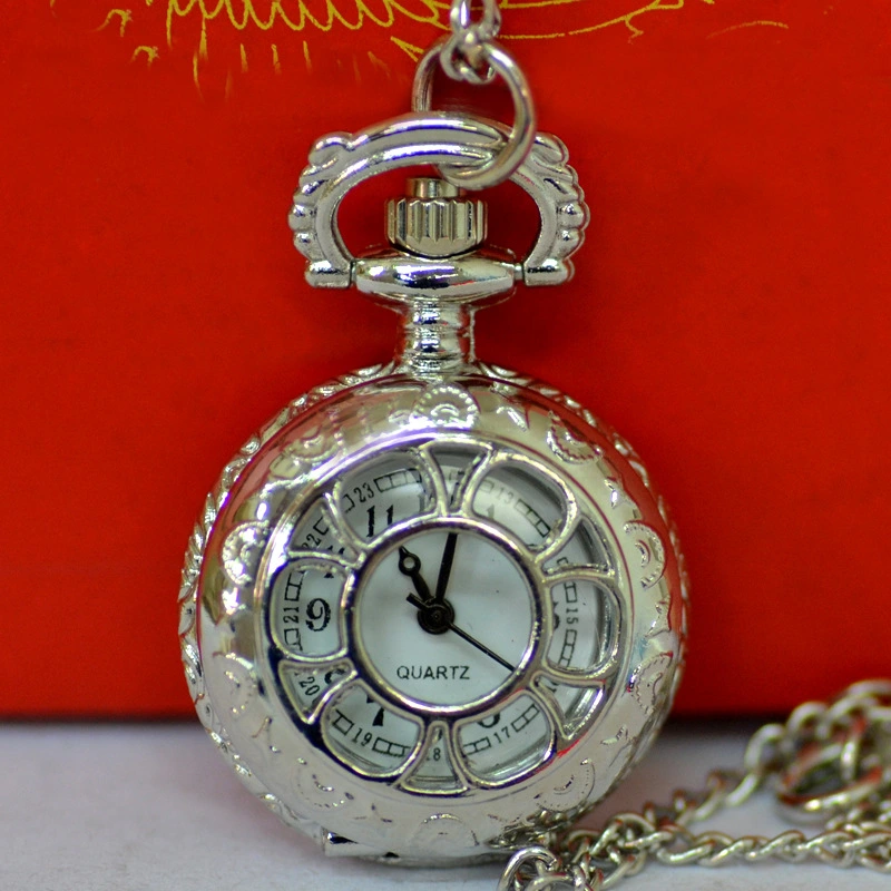 Small Quartz Pocket Watch Necklace Hollow-out Petals