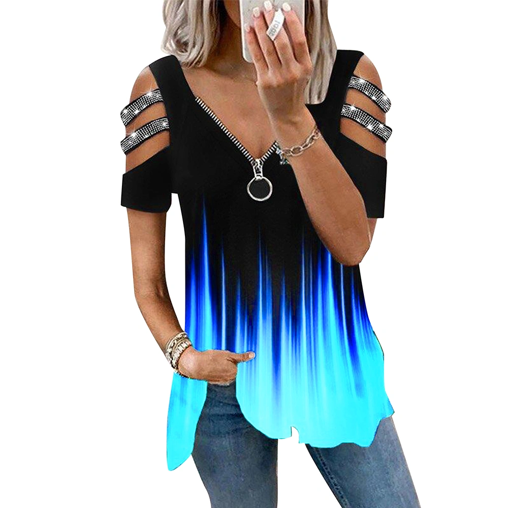 Women Fashion V Neck Sequin Tops Ladies Zip Up Cold Shoulder Casual Loose T-Shirt Blouse